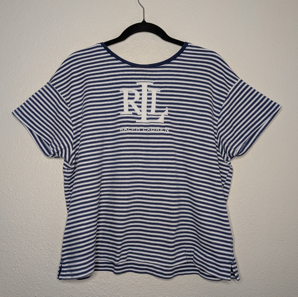 Lauren Ralph Lauren Black Label Striped Blue White Coastal Nautical Logo Tee L